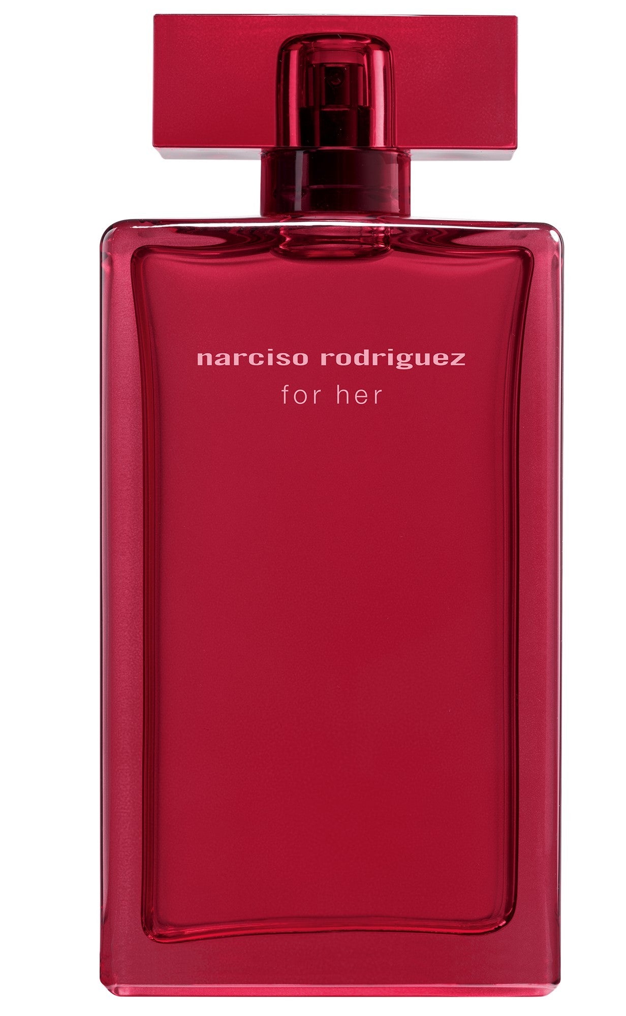 Red perfume bottle with 'narciso rodriguez for her' text on a white background
