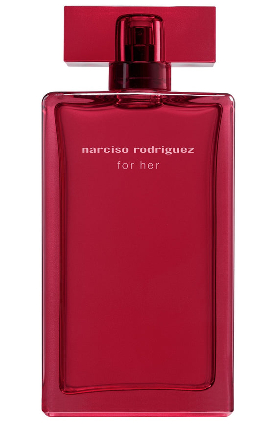 Red perfume bottle with 'narciso rodriguez for her' text on a white background