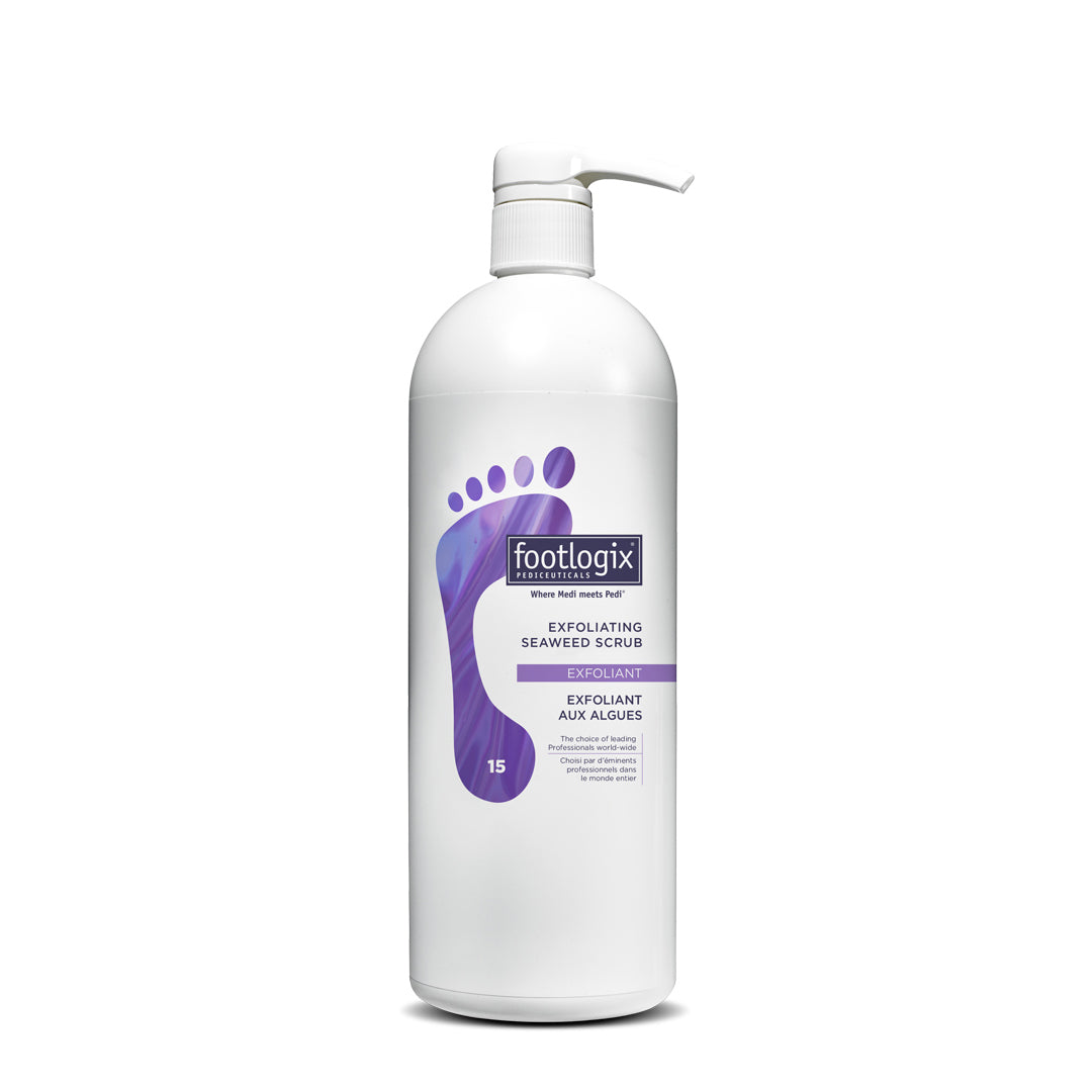 A bottle of Footlogix exfoliating seaweed scrub with a pump dispenser, predominantly white with purple and green text detailing the product name and features.