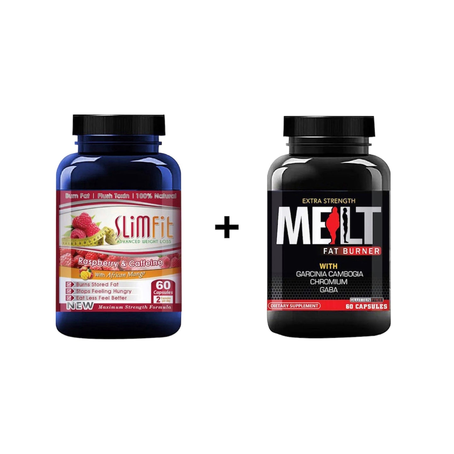 Two supplement bottles, 'SlimFit' and 'MEITL Fat Burner', on a white background.
