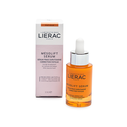 A bottle of Lierac Mesolift Serum with its packaging box. The serum bottle is orange with a white dropper, and the box is white with pink accents.