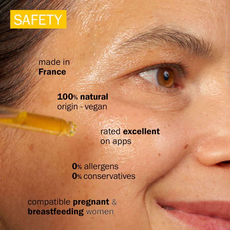 Close-up of a woman's face with text highlighting product safety and features.