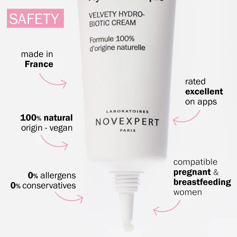 Novexpert cream tube with safety features highlighted on a white background- Mn MKnak