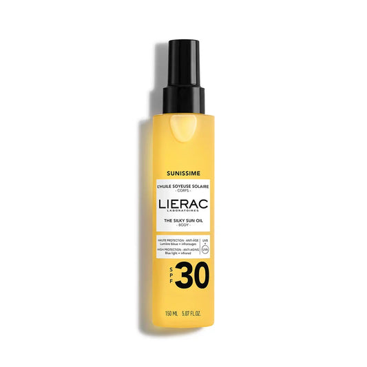 Lierac sun oil spray bottle with SPF 30 on a white background