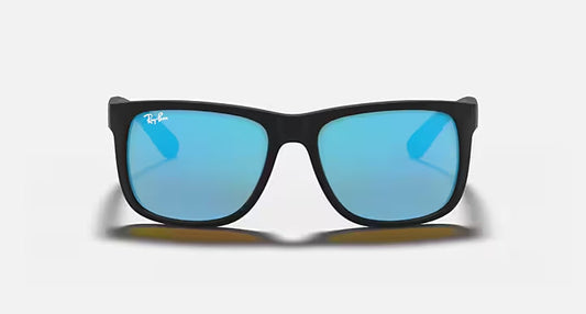 RAY-BAN JUSTIN COLOR MIX Rubber Black & Blue Mirror Square Sunglasses For Men S