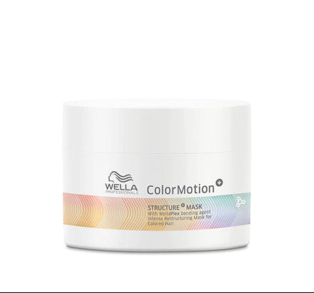 Wella ColorMotion Structure Mask in a white jar with a colorful gradient label band, set against a plain white background.