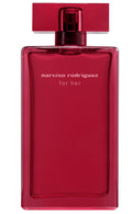Red perfume bottle with 'narciso rodriguez for her' text on a white background