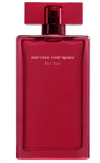 Red perfume bottle with 'narciso rodriguez for her' text on a white background