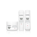 A set of Goldwell Bond Care hair care products including a shampoo, conditioner, and treatment mask.