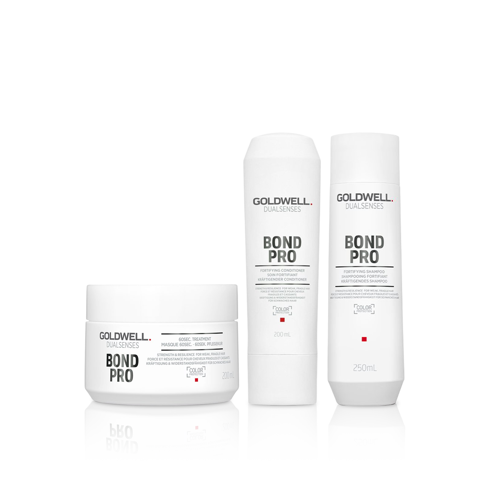 A set of Goldwell Bond Care hair care products including a shampoo, conditioner, and treatment mask.