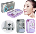 Facial skin care device with packaging and close-up of a woman's face.