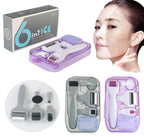 Facial skin care device with packaging and close-up of a woman's face.