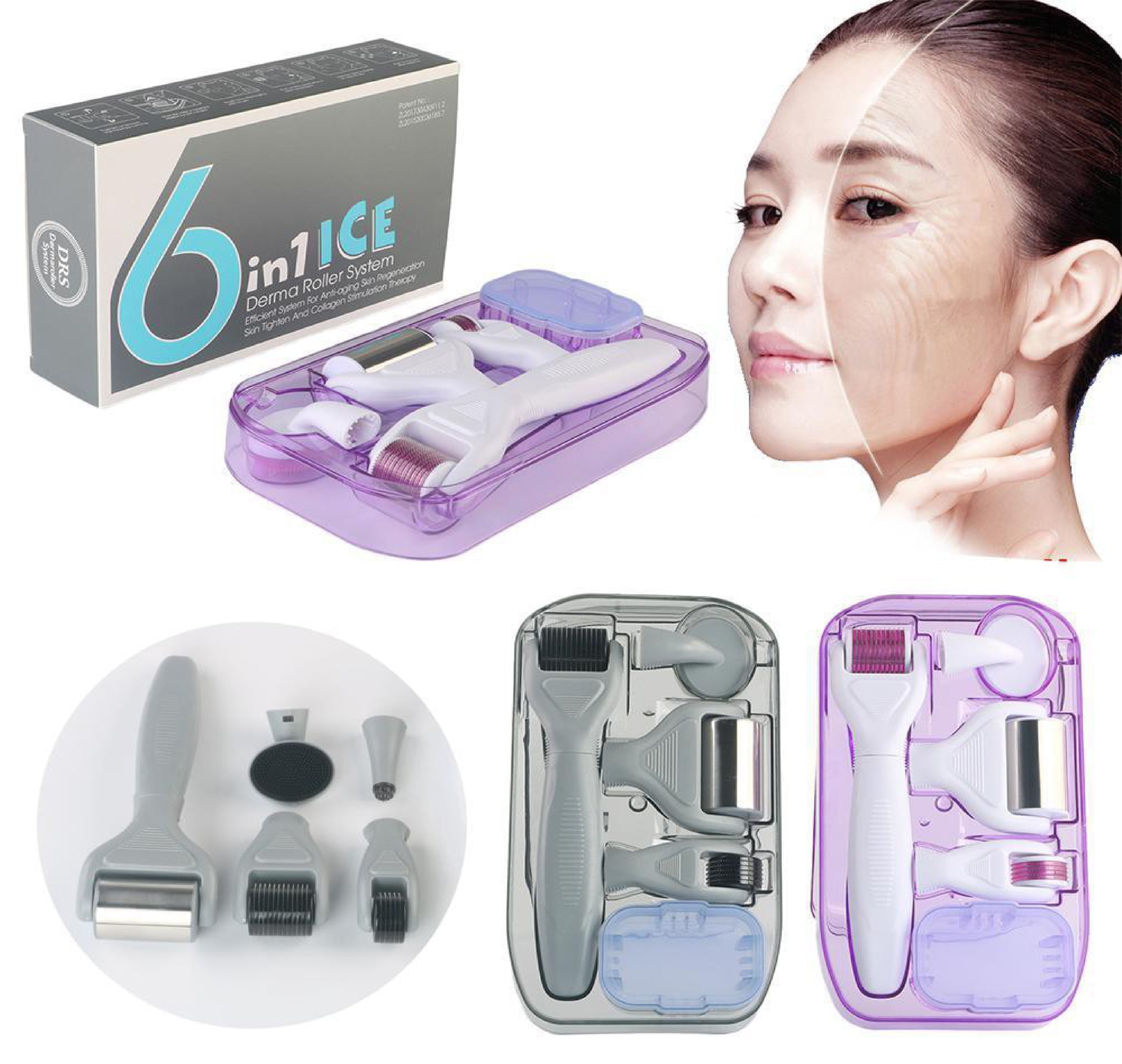 Facial skin care device with packaging and close-up of a woman's face.