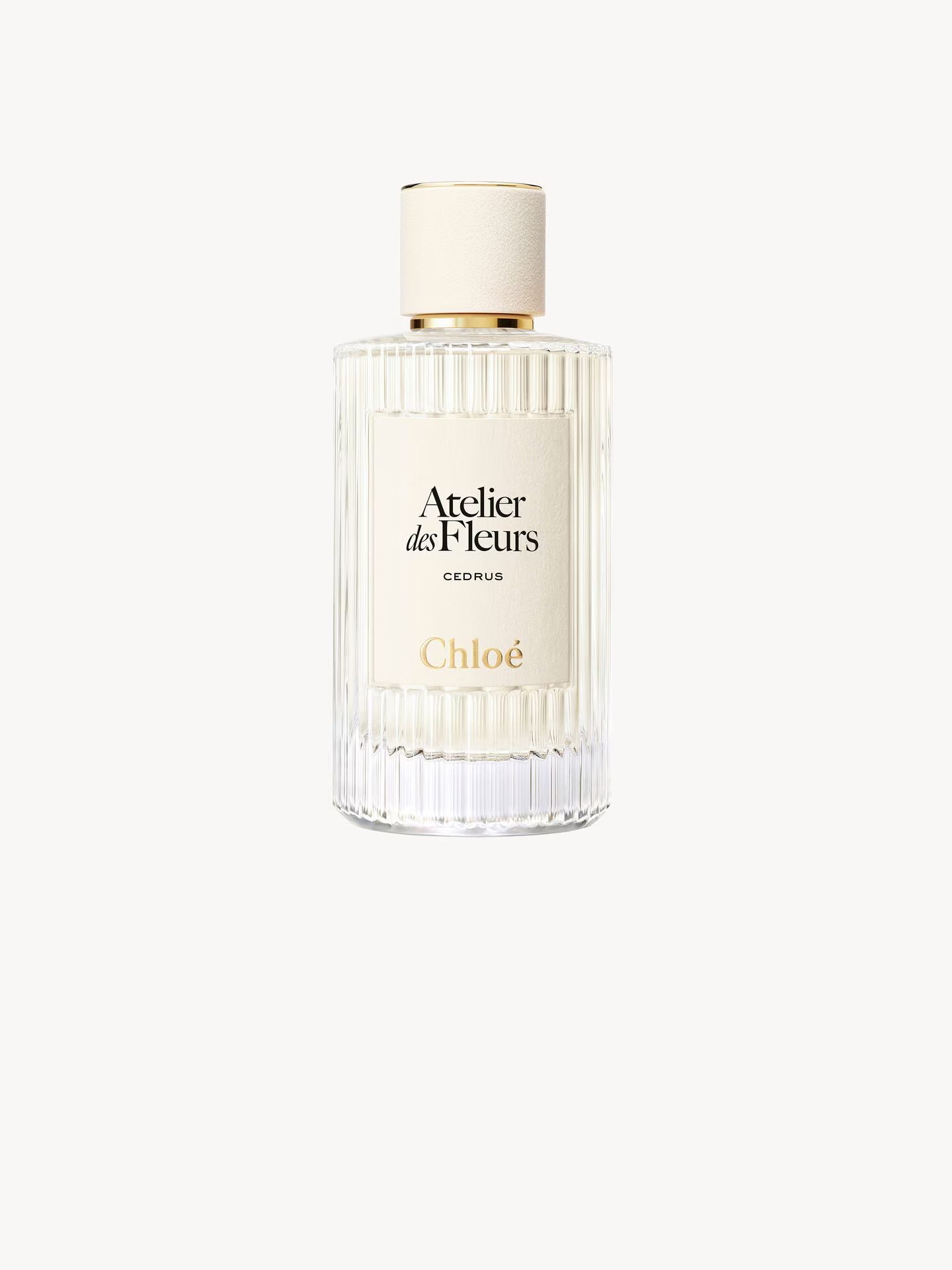 A bottle of Chloé Atelier des Fleurs Cépuiur perfume, featuring a ribbed clear glass bottle with a cream-colored label and cap, set against a solid off-white background.