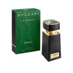 Bvlgari Le Gemme Kobra Eau de Parfum bottle and its green box on a plain white background.