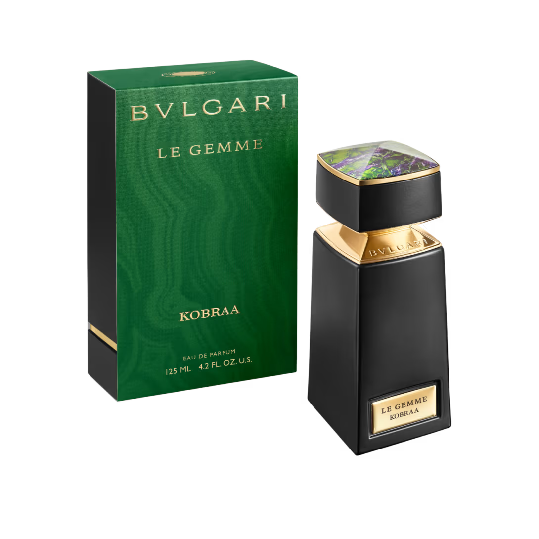 Bvlgari Le Gemme Kobra Eau de Parfum bottle and its green box on a plain white background.