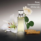 Calvin Klein Eternity perfume bottle with white lilies and sandalwood on a gray background
