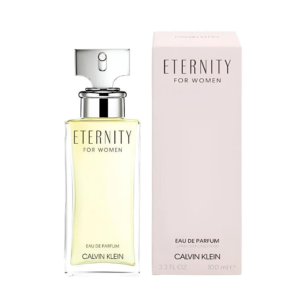 Calvin Klein Eternity for women Eau de Parfum bottle and packaging on a white background