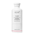 A bottle of KEUNE Care Color Brillianz Shampoo designed for color-treated hair, showcasing the brand logo and product information on the label.