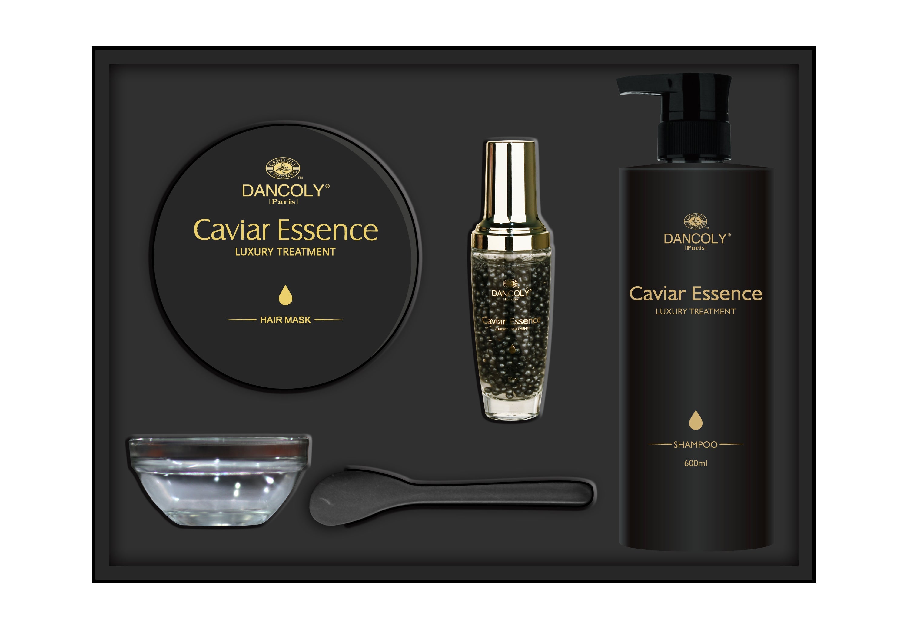 Dancoly Caviar Essence luxury hair treatment set in a black box on a white background