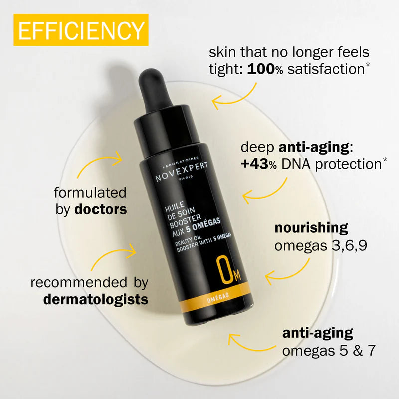 EFFICIENCY_BEAUTY_OIL_BOOSTER_ dropper bottle with text highlighting features on a light background