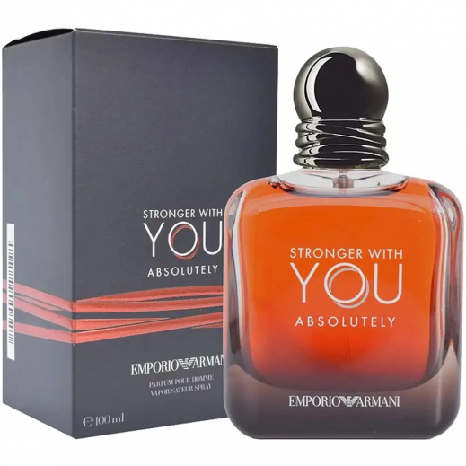 Emporio Armani Stronger With You Absolutely Eau de Toilette bottle and its dark gray packaging box, featuring a vibrant orange-red gradient glass bottle and a black cap.