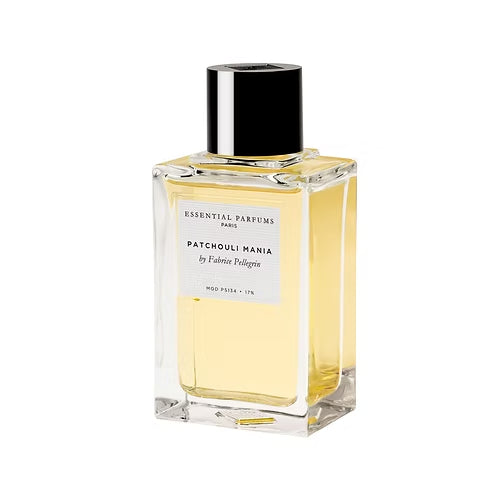 Perfume bottle labeled 'Patchouli Mania' by Essential Parfums on a white background