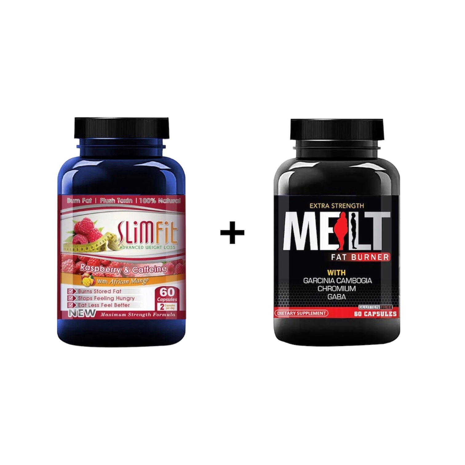 Two supplement bottles, 'SlimFit' and 'MEITL Fat Burner', on a white background.