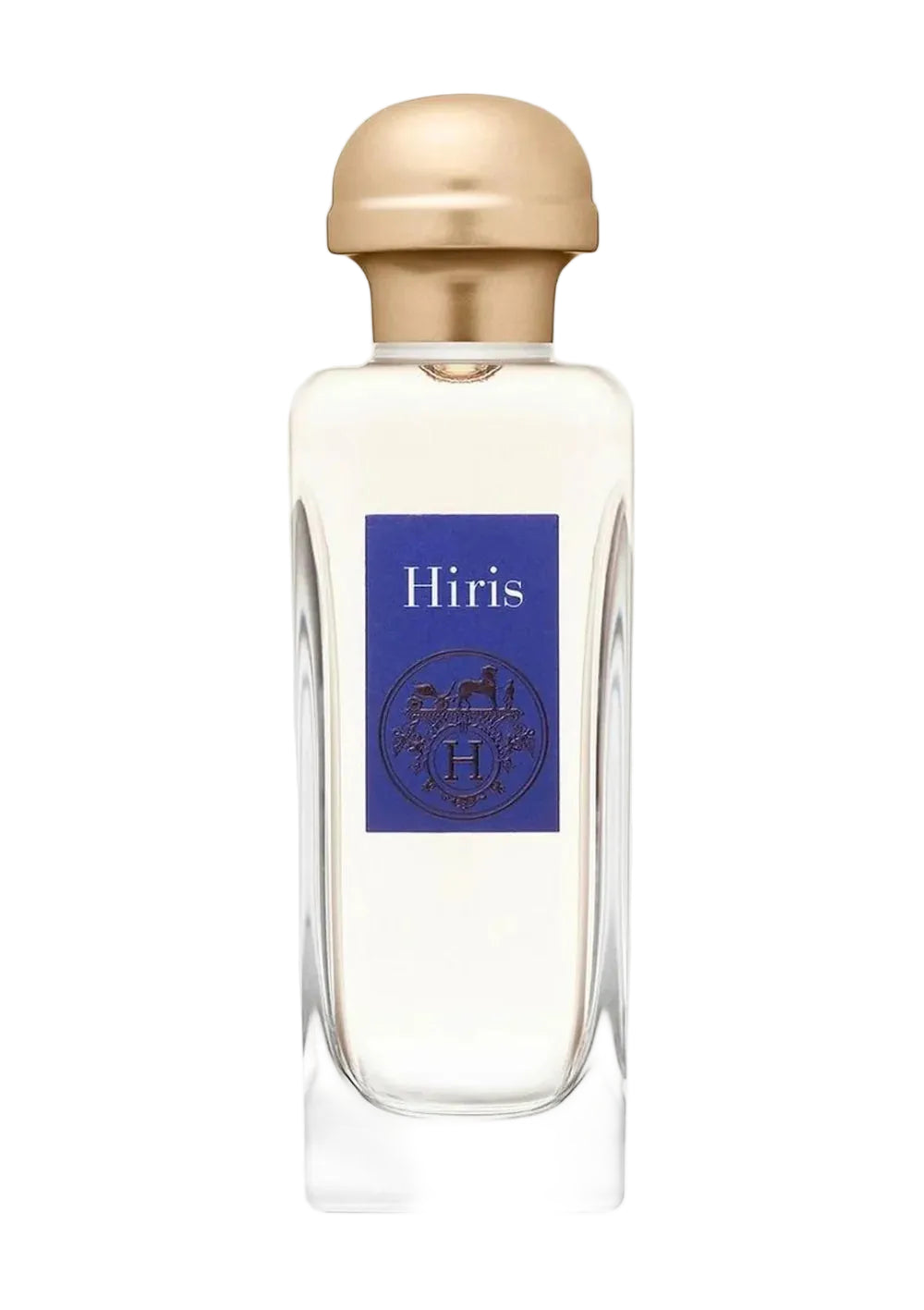 A clear glass perfume bottle with a metallic gold cap and a blue label reading 'Hiris' on a light gray background.
