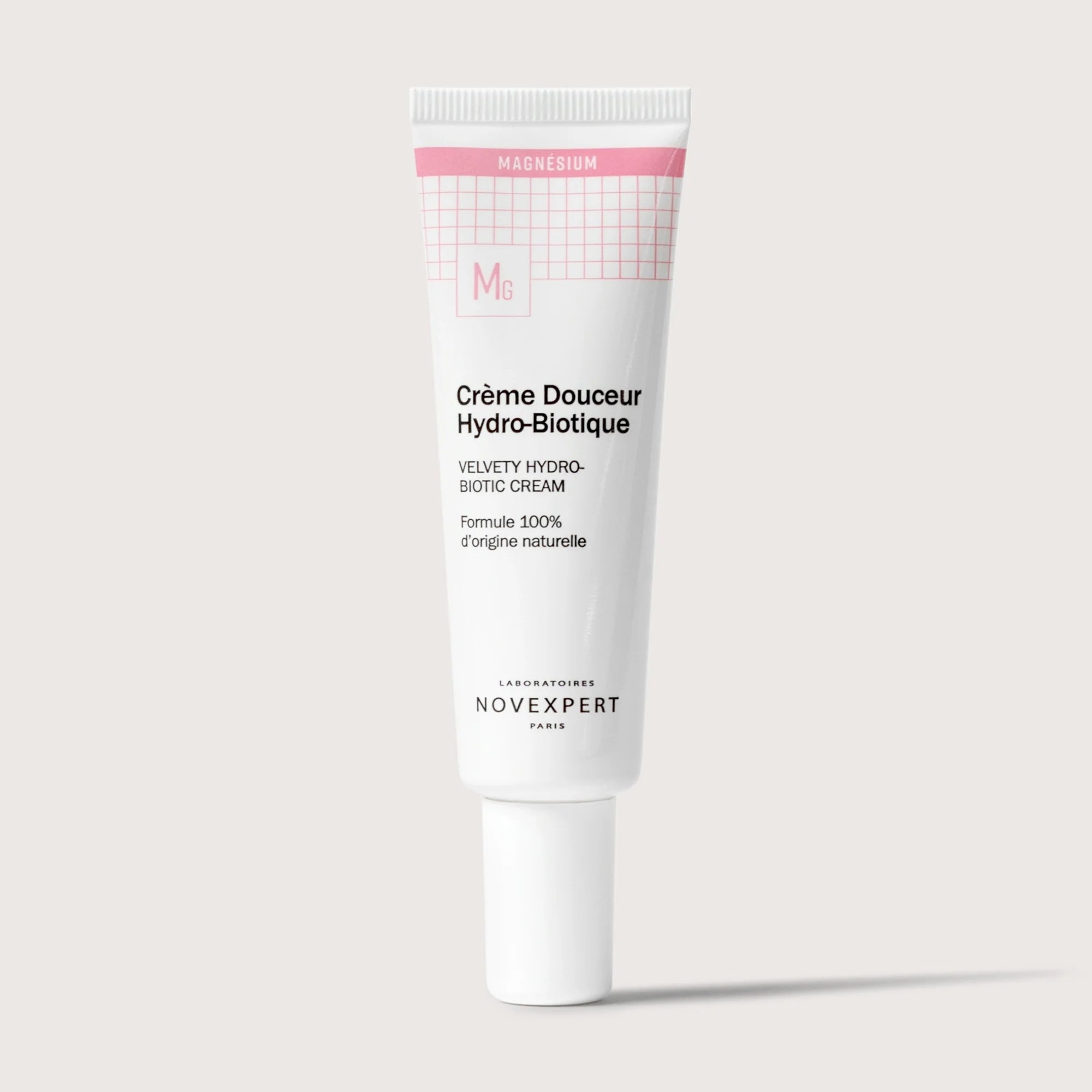 Skincare tube labeled 'Cèrème Douceur Hydro-Biotique' by Novexpert on a light gray background