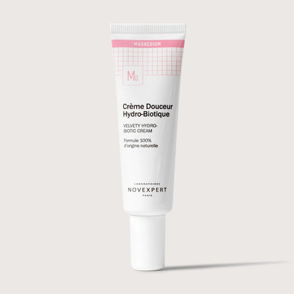 Skincare tube labeled 'Cèrème Douceur Hydro-Biotique' by Novexpert on a light gray background