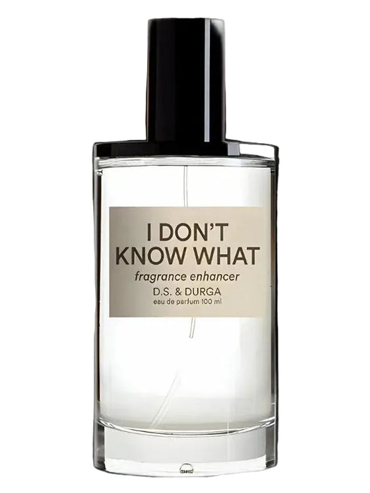 Perfume bottle labeled 'I Don't Know What' by D.S. & Durga on a black background