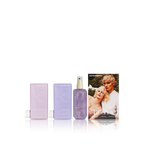 A set of Kevin Murphy hair care products including shampoo, conditioner, and a shine mist, with packaging in purple and white colors, accompanied by a promotional image of a woman with blonde hair.