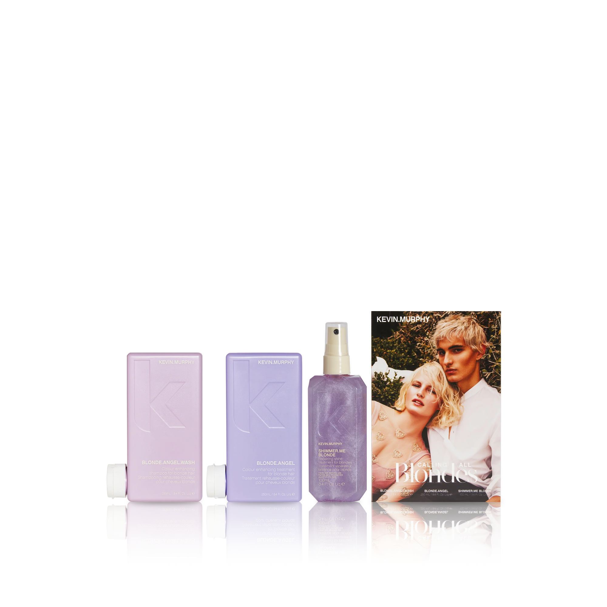 A set of Kevin Murphy hair care products including shampoo, conditioner, and a shine mist, with packaging in purple and white colors, accompanied by a promotional image of a woman with blonde hair.