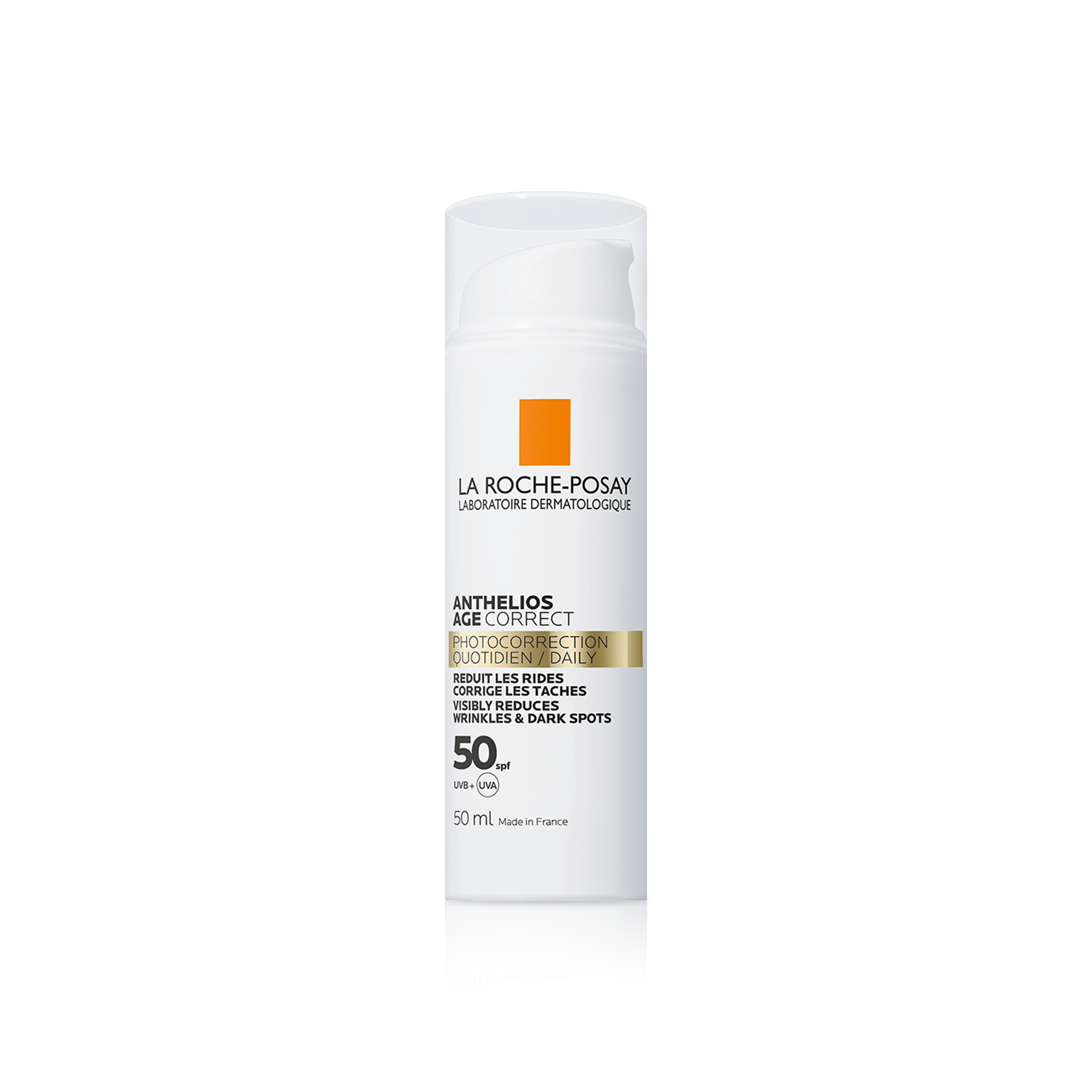 A pump bottle of La Roche-Posay Anthelios Age Correct Sunscreen with SPF 50, indicating high protection against UV rays and formulated for ageing skin.