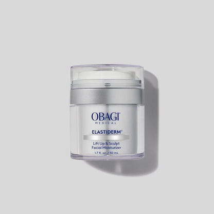 Obagi Elastiderm facial moisturizer jar on a light gray background