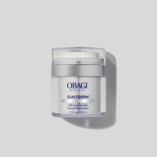 Obagi Elastiderm facial moisturizer jar on a light gray background
