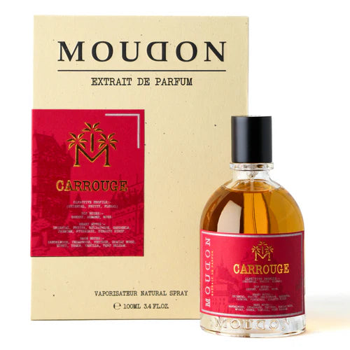 Moudon Carrouge perfume bottle and packaging on a white background