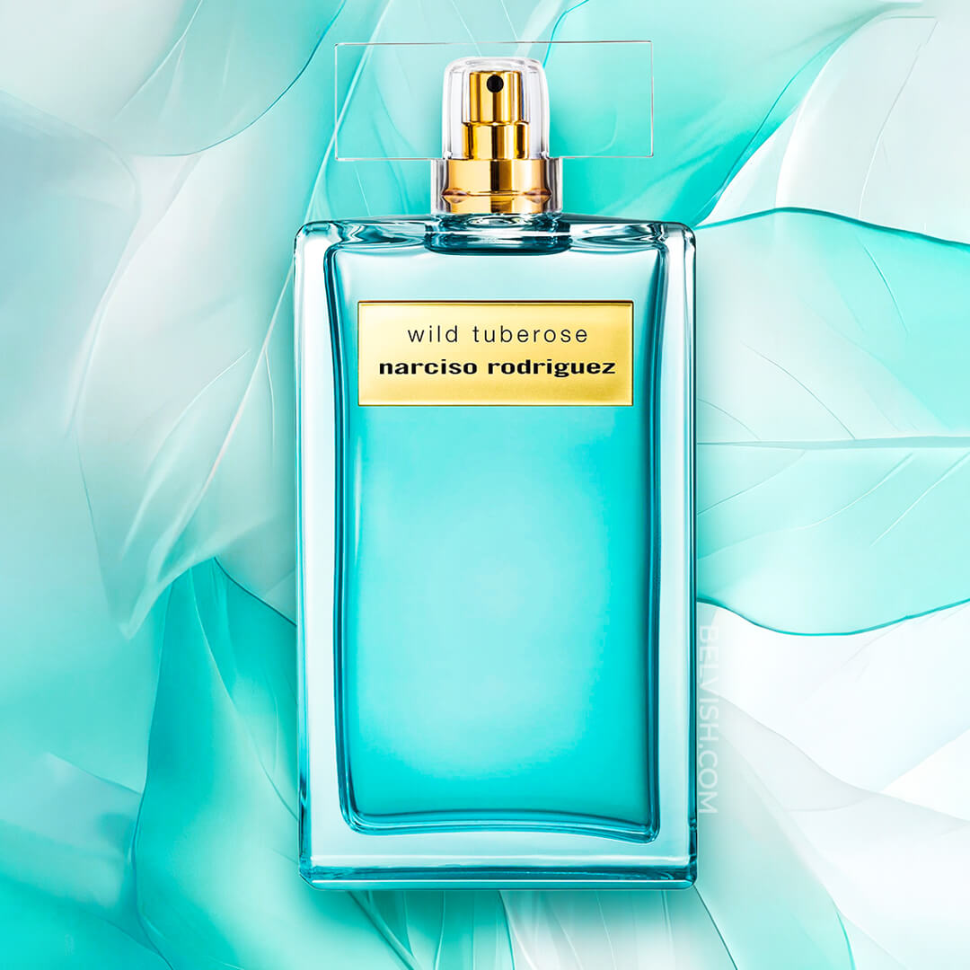 Narciso Rodriguez Wild Tuberose perfume bottle on a light blue background