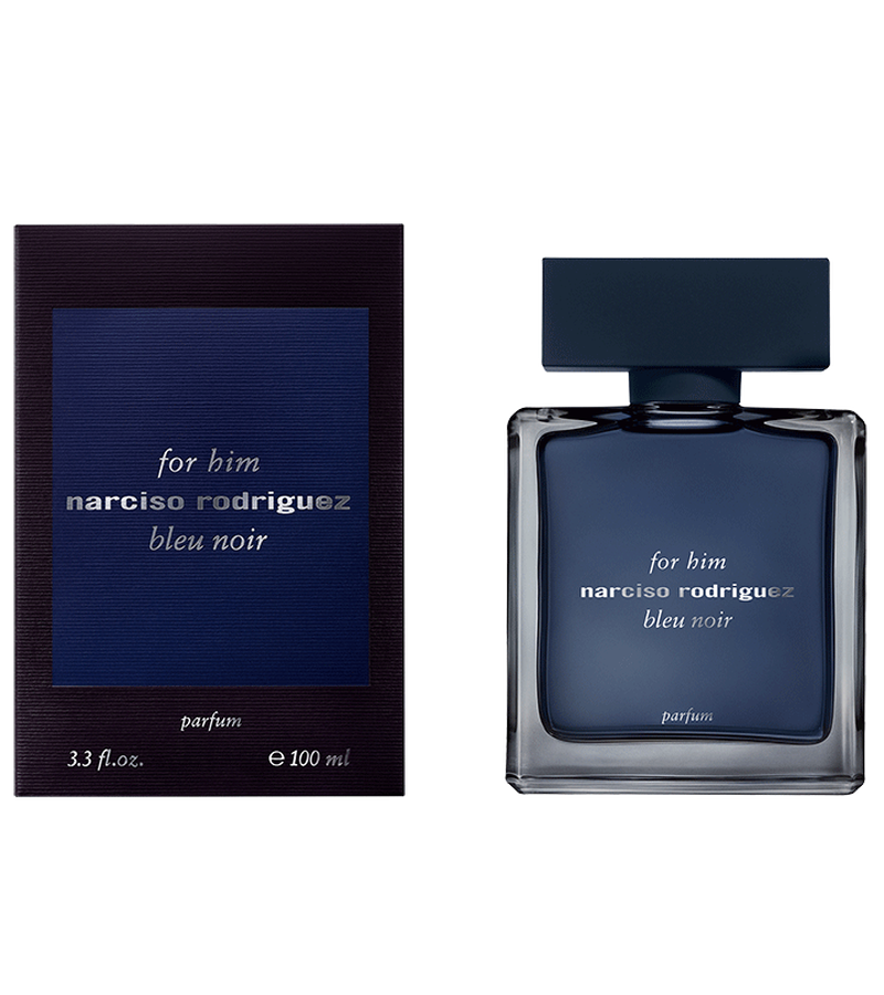 Narciso Rodriguez bleu noir perfume bottle and packaging on a white background