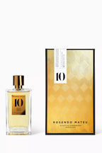 A bottle of Rosendo Mateu 10 Opulent Extrait de Parfum next to its gold-patterned packaging box on a clean white background.