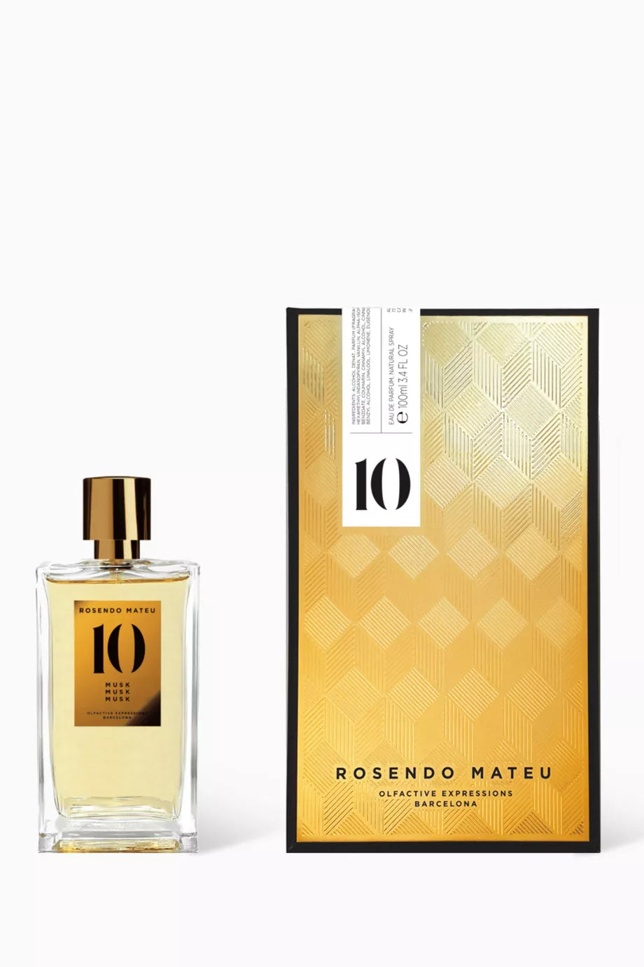 A bottle of Rosendo Mateu 10 Opulent Extrait de Parfum next to its gold-patterned packaging box on a clean white background.