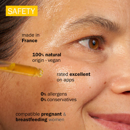 Close-up of a woman's face with text highlighting product safety and features.