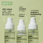 Three Novexpert skincare products on a green background with safety features listed.