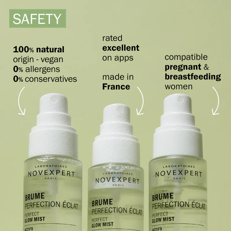 Three Novexpert skincare products on a green background with safety features listed.