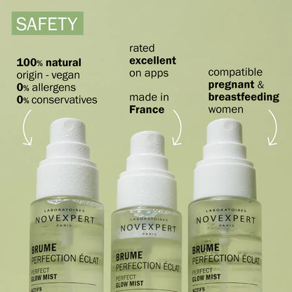 Three Novexpert skincare products on a green background with safety features listed.