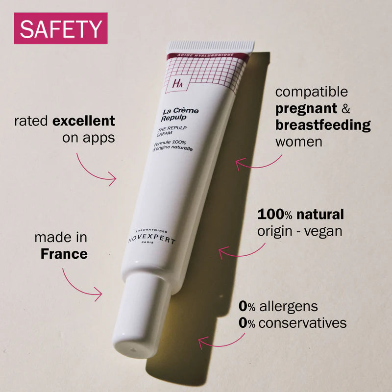 Tube of La Crème Repliqé with safety features highlighted on a beige background