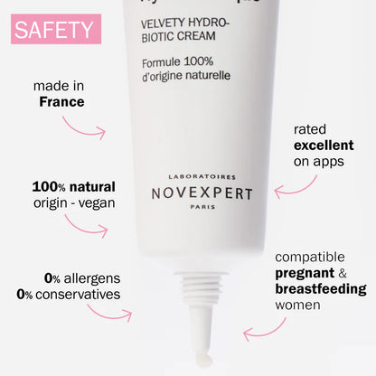 Novexpert cream tube with safety features highlighted on a white background- Mn MKnak