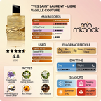 A fragrance profile infographic for Yves Saint Laurent Libre Vanille Couture, featuring a perfume bottle on the left, scent notes, main accords, used notes, fragrance profile, day/night and season indicators, and a visible 'mn mkanak' watermark/logo on a soft peach background.