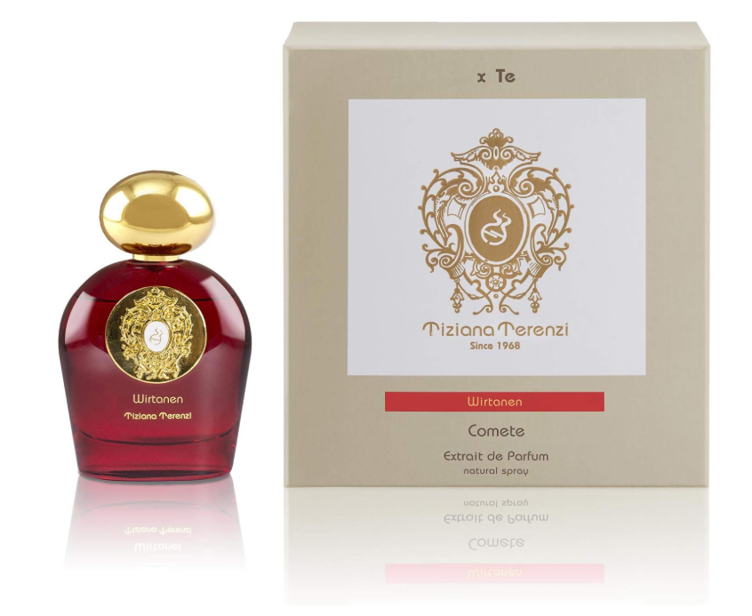 Tiziana Terenzi Wirtanen  perfume bottle with gold cap and decorative box on a white background